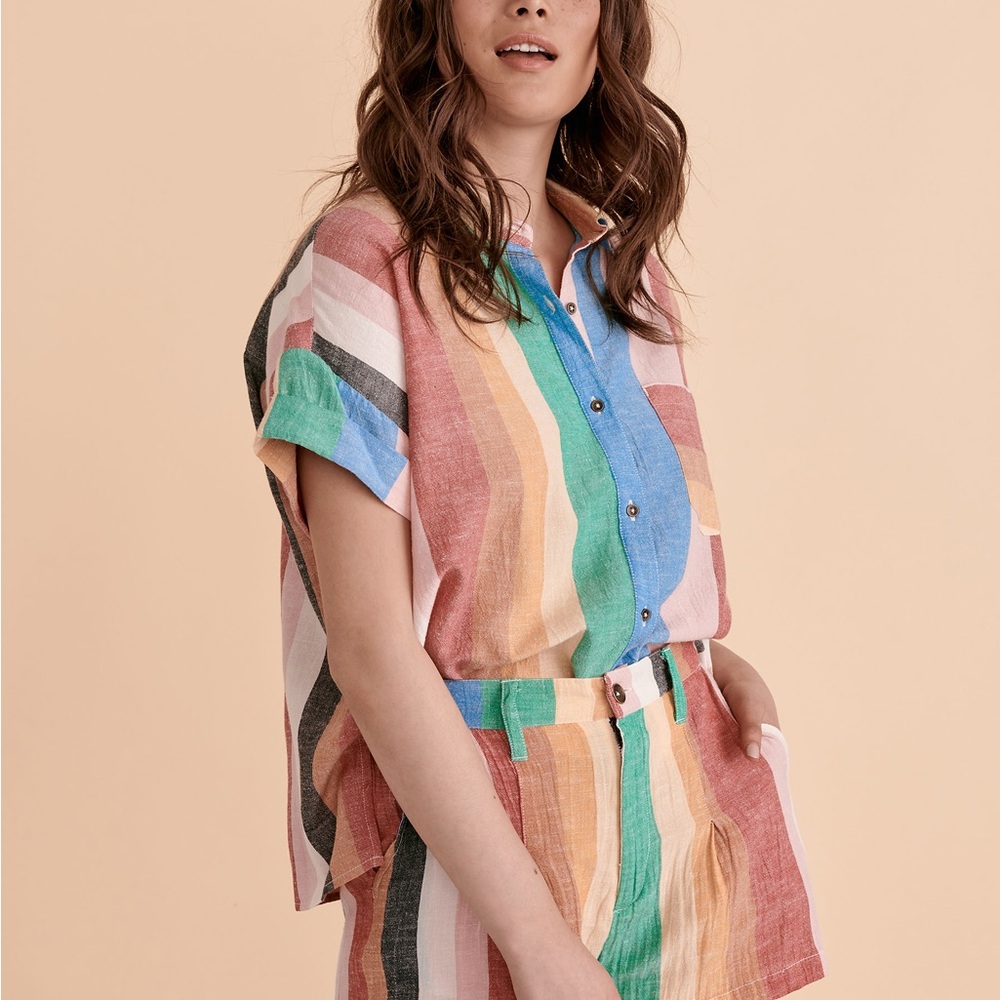 Billabong Womens Santorini Dreams Multi Rainbow Striped Button-Up Top